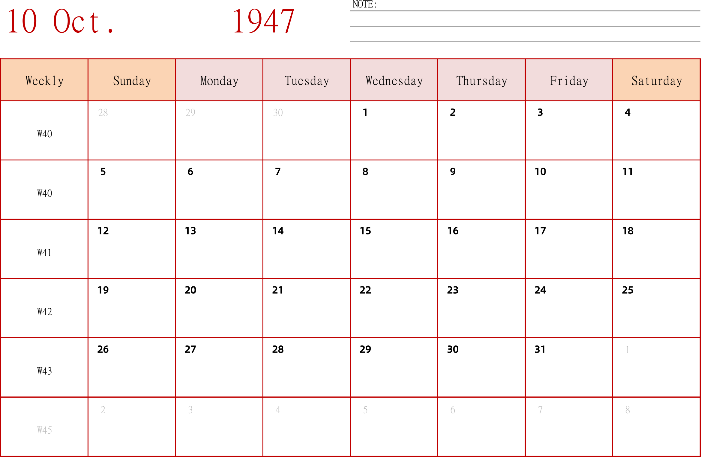 日历表1947年日历 英文版 横向排版 周日开始 带周数